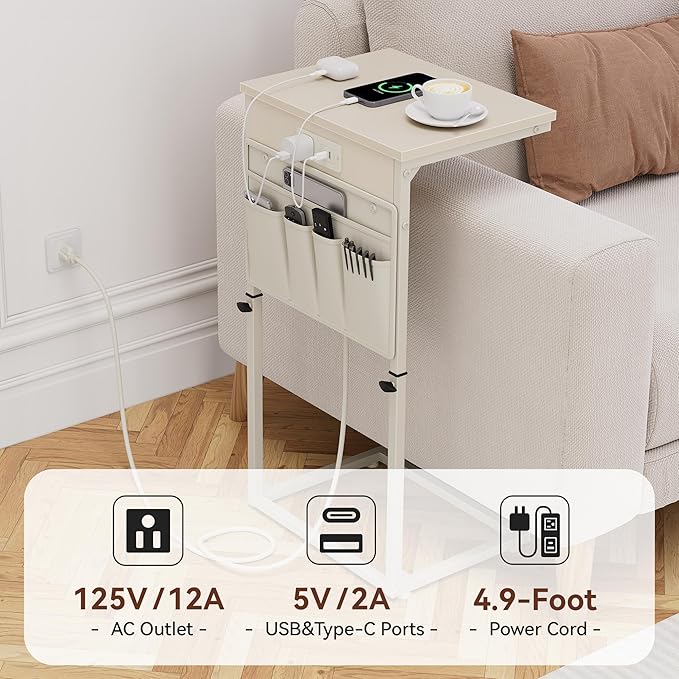 Vagusicc C Shaped End Table with Charging Station, 33" Tall Side Table for Couch, C Table Adjustable Height Small Couch Side Table, Slide Under Sofa Table TV Tray Arm Table for Living Room, Cream