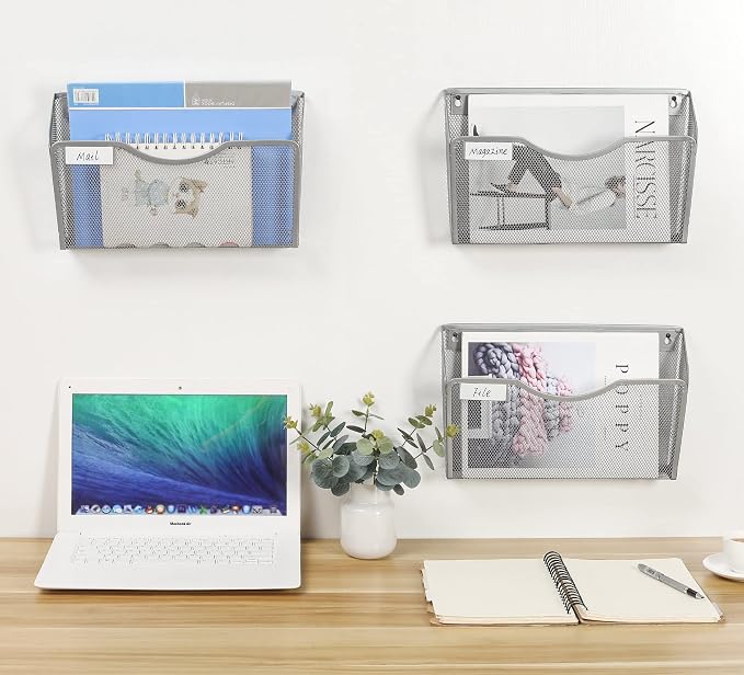 EasyPAG 3 Pack Wall File Organizer with Label Panel, Metal Mesh Hanging File Folder Holder for Letter/A4 Size Folders, Vertical Wall Mount Mail Sorter for Office Paperwork, Classroom, Silver