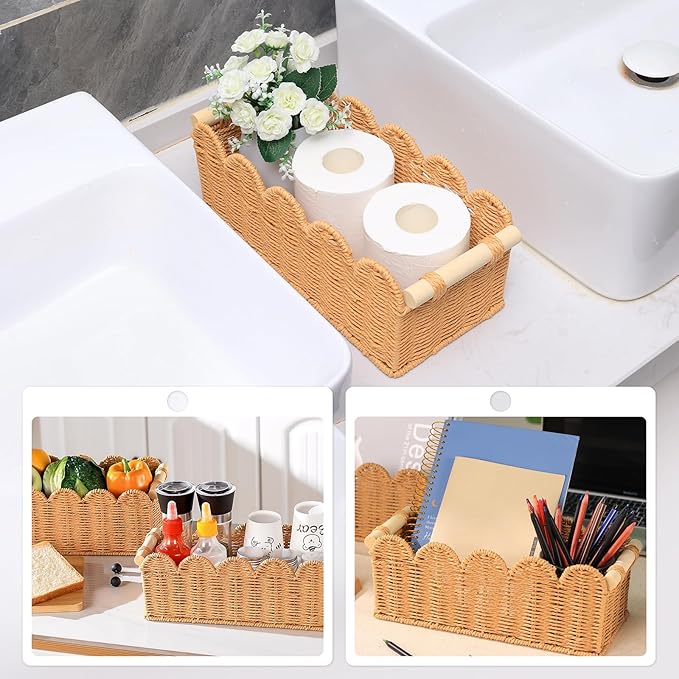 2 Pack Paper Rope Storage Baskets for Toilet Paper, Scalloped Edge Decor Baskets for Bathroom, Hand Woven Organizer Basket with Wooden Handle, Neutral Organizing Basket for Toilet Tank Top Bedroom
