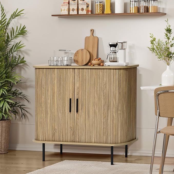 LuxenHome 35” Mid Century Modern Accent Cabinet, Sliding Door Sideboard Buffet Cabinet with Storage, Small Storage Entryway Cabinets for Kitchen, Living Room, Entryway