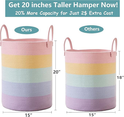 60L Laundry Hamper Basket for Baby Girls and Kids, Pastel Rainbow Unicorn Design, Woven Rope Nursery Basket for Blankets Toys in Playroom, 15Dx20H Inches Large Bedroom Hamper for Clothes