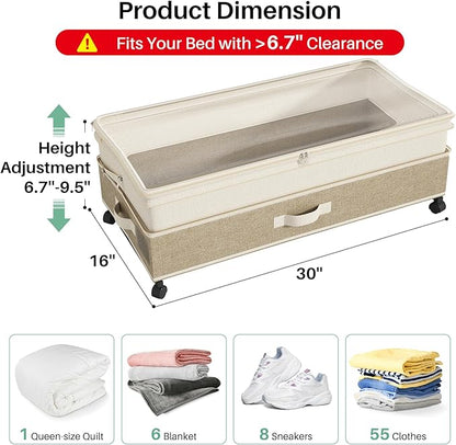 Kitstorack 2Pack Height-adjustable Under Bed Storage with Wheels, Under Bed Storage Containers,Under Bed Shoe Storage Organizer with Clear Window&Label, Suitable for Clothes Storage, Beige & Linen