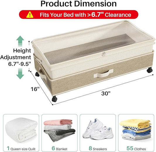 Kitstorack 2Pack Height-adjustable Under Bed Storage with Wheels, Under Bed Storage Containers,Under Bed Shoe Storage Organizer with Clear Window&Label, Suitable for Clothes Storage, Beige & Linen