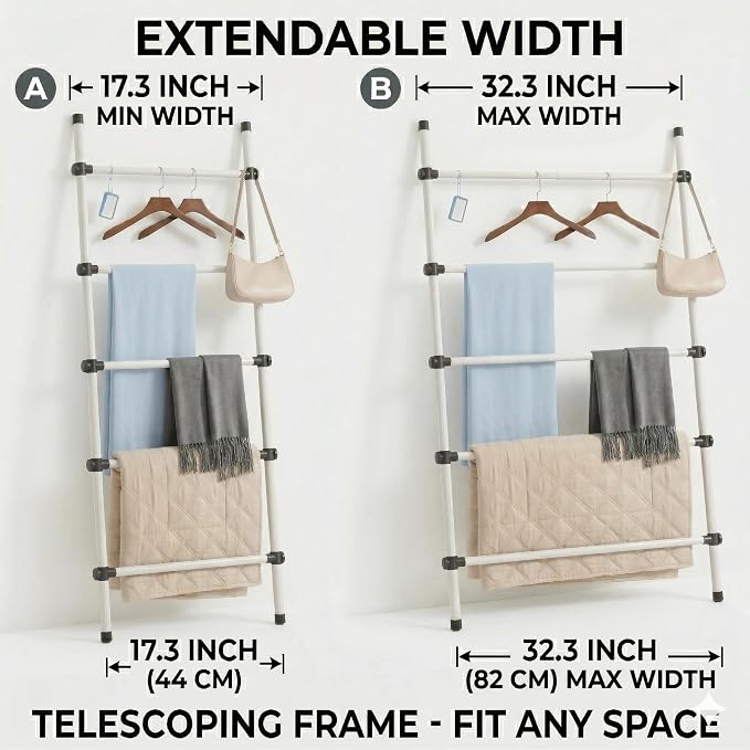 SIBRAD Expandable Blanket Ladder for Living Room, Adjustable Width (17.3"-32.3") Tall Metal Quilt Rack Wall Leaning, Rustic White Wood Grain 5-Tier Blanket Holder, Heavy Duty 45 Lbs Capacity