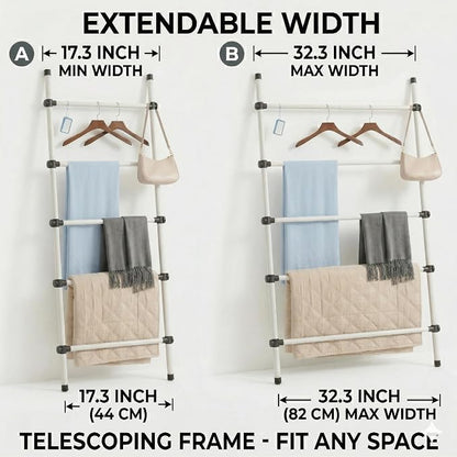 SIBRAD Expandable Blanket Ladder for Living Room, Adjustable Width (17.3"-32.3") Tall Metal Quilt Rack Wall Leaning, Rustic White Wood Grain 5-Tier Blanket Holder, Heavy Duty 45 Lbs Capacity