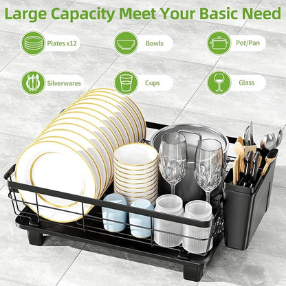 Small Dish Drying Rack, Space Saving Dish Racks for Kitchen Counter, Kitchen Organizer Dish Drainer with Cutlery Holder for Spoons and Forks, 11''W x 15''L, Black