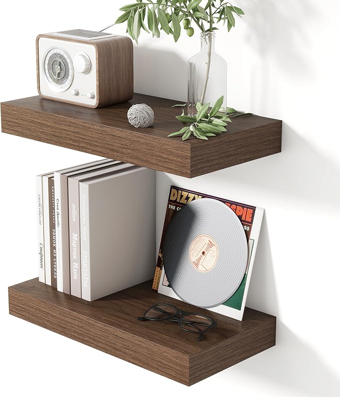 Heimlove 16 Inch Floating Shelves for Wall Walnut Shelves Set of 2,Wall Mounted Rustic Wood 8 Inch Deep Floating Shelf with Invisible Brackets for Bedroom Kitchen Living Room