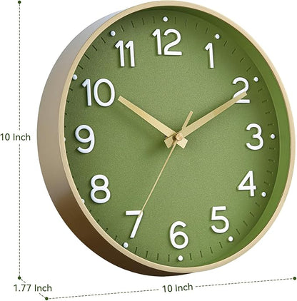 Roymnie Wall Clock Green, 10 Inch Silent Wall Clocks Battery Operated-Modern Non Ticking Analog Clock Decorative for Kitchen Bedroom Office Bathroom(Gold)