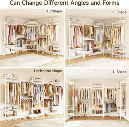 U5 Wall Mounted Closet System, Industrial Pipe Clothing Rack Garment Racks for Hanging Clothes, Heavy Duty Closet Organizers System in Wardrobe Closet, White