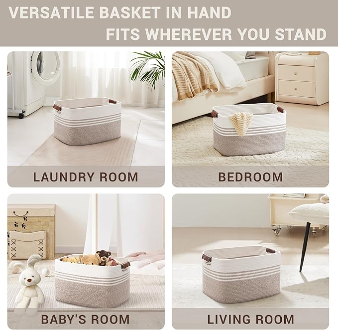 SunNewt 45L Small Laundry Basket with Leather Handles for Living Room Storage, Woven Rope Baskets Bin for Blanket, Kids Toy, Gifts, Wicker Hamper for Bedroom Dirty Clothes, 18"x14"x11" White Brown
