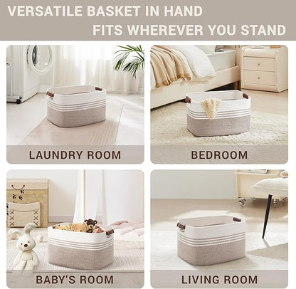 SunNewt 45L Small Laundry Basket with Leather Handles for Living Room Storage, Woven Rope Baskets Bin for Blanket, Kids Toy, Gifts, Wicker Hamper for Bedroom Dirty Clothes, 18"x14"x11" White Brown