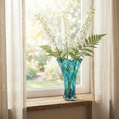 9.0" H Teal Glass Vases for Flowers, Unique Hand Blown Glass Vase Green Home Decor, Wide Mouth Colorful Flower Vase Centerpieces, for Living Room Table Bookshelf, Bathroom Office Shelf Decorative