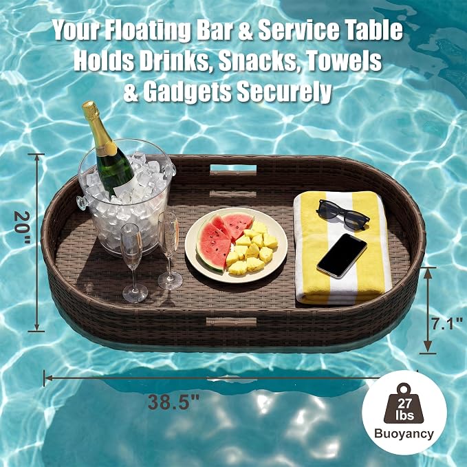 Greesum Wicker Pool Floating Tray, 38”x20” Oval Portable Serving Tray for Holding Fruits, Drinks & Essentials, Suitable for Pool Activities, Bathtub, Hot Tub, Beach Parties, Brown