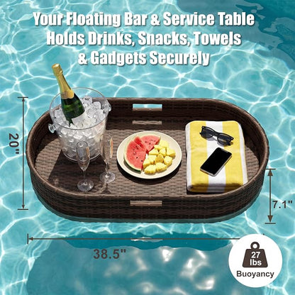 Greesum Wicker Pool Floating Tray, 38”x20” Oval Portable Serving Tray for Holding Fruits, Drinks & Essentials, Suitable for Pool Activities, Bathtub, Hot Tub, Beach Parties, Brown