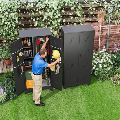 Garage Storage Cabinet 75" H,Tall Storage Shed with Lockable Doors and Stainless Steel Bottom, Black Tools Utility Chests for Office, Garage, Warehouses