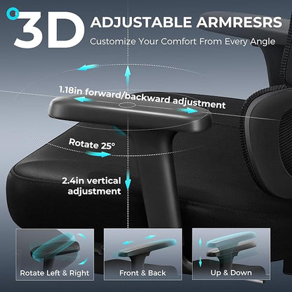 Ergonomic Office Chair with Footrest, Big and Tall Home Desk Chair, High Back Rolling Computer Chair with 3D Arms and Lumbar Support, Comfortable Gaming Chair, Swivel Mesh Chairs, Black