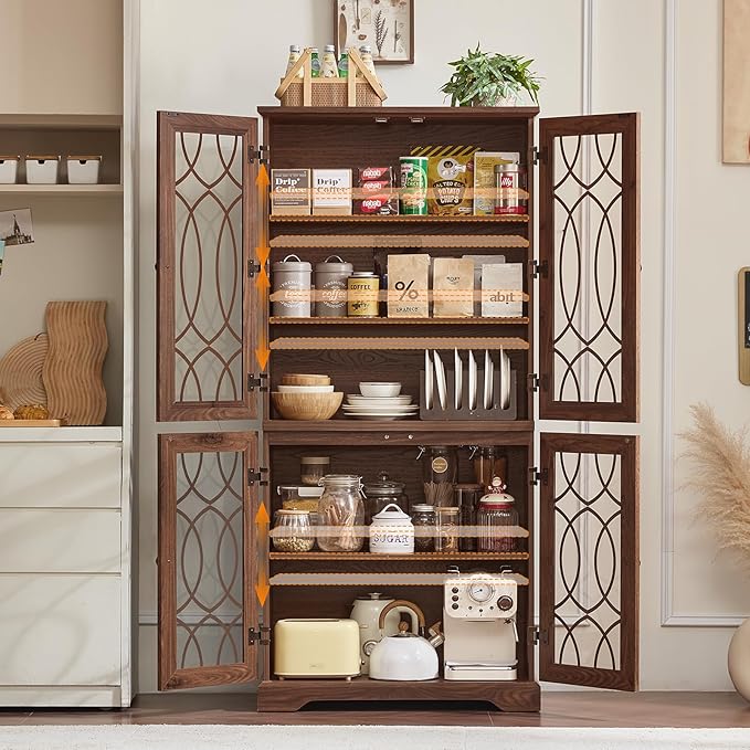 67" Tall Pantry Cabinet, Vintage Kitchen Pantries Cabinets with Glass Doors & Adjustable Shelves, Freestanding Wood Cupboard with Large Storage for Dingning Room, Bathroom, Brown