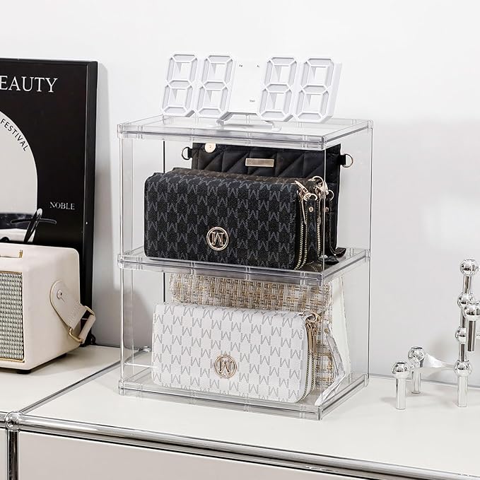 4 Pack Handbags Organizer for Closet, Plastic Small Purses Storage Bins, Stackable Display Stand for Home Kitchen, Bathroom, Bedroom and Office ( Short )