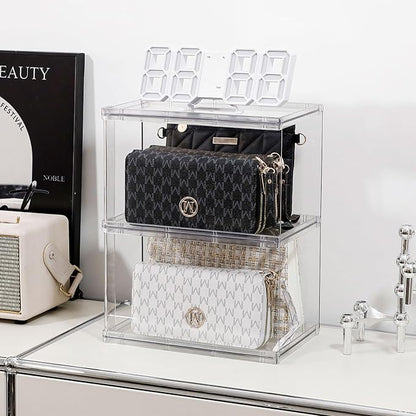 4 Pack Handbags Organizer for Closet, Plastic Small Purses Storage Bins, Stackable Display Stand for Home Kitchen, Bathroom, Bedroom and Office ( Short )