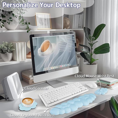 Sushret Cloud Wrist Rest Keyboard, Cloud Keyboard Wrist Pad Set with PU Leather Memory Foam, Cute Arm Rest for Palm Support, PC/Gaming Desk Accessories/Office Setup/Computer Hand Cushion - Blue