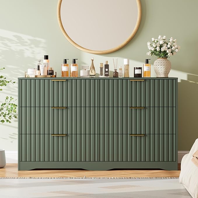 Fluted 6 Drawers Dresser for Bedroom, 55" Wide Wood Dressers Chest of Drawers with Metal Handle, Modern Dresser TV Stand Storage Organizer for Living Room, Entryway, Green