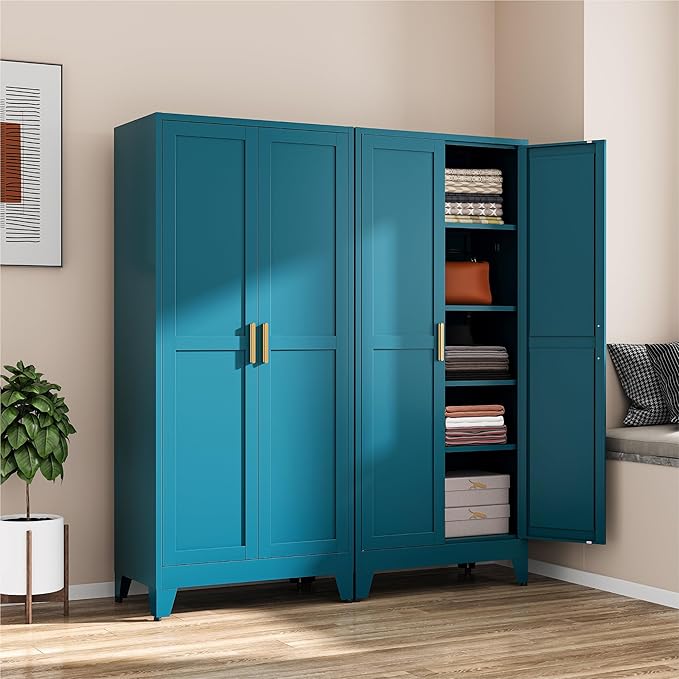 COFaR Peacock Blue Armoire Wardrobe, 71" Metal Closet with Reversible Hanging & Shelving Sections, Freestanding Storage Cabinet with Top Compartment & Adjustable Shelves