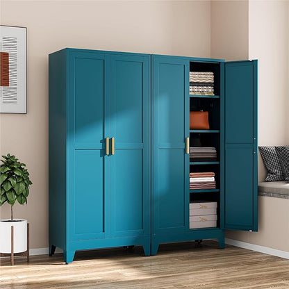 COFaR Peacock Blue Armoire Wardrobe, 71" Metal Closet with Reversible Hanging & Shelving Sections, Freestanding Storage Cabinet with Top Compartment & Adjustable Shelves