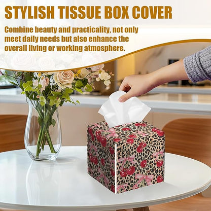 Pink Cherry Bow Tissue Box Cover 2PCS, Leopard Leather Tissue Box Holder Square Facial Paper Case Tissue Box Cube Organizer for Bathroom Bedroom Desk Office
