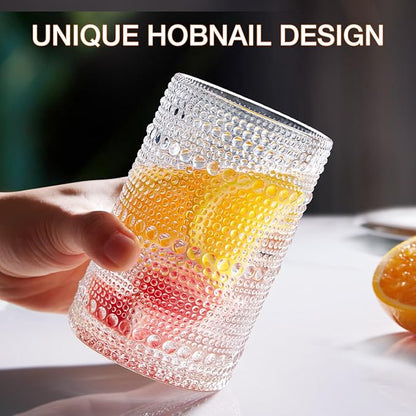 Hobnail Drinking Glasses Set of 8, 4 Highball Glasses 15oz,4 Rocks Glasses 12oz,Mixed Drink Cocktail Glass, Vintage Embossed Glassware Sets for Whiskey,mocktails, Water & Juice Drinkware