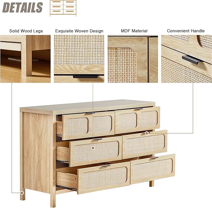 LEVNARY 6 Drawer Dresser for Bedroom, Rattan Dresser Drawer Organizer with Metal Handles, Accent Wood Chest of Drawers for Entryway, Closet, Living Room, Hallway, Nursery (Oak)