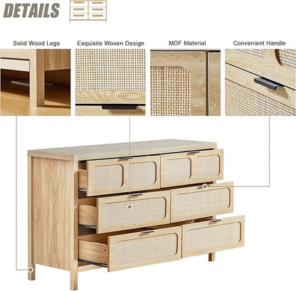 LEVNARY 6 Drawer Dresser for Bedroom, Rattan Dresser Drawer Organizer with Metal Handles, Accent Wood Chest of Drawers for Entryway, Closet, Living Room, Hallway, Nursery (Oak)