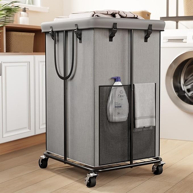 150L Large Laundry Basket with Wheels, Rolling Laundry Hamper with Removable Laundry Bag & Metal Frame, Oxford Fabric Dirty Clothes Hampers for Bedroom, Laundry Room, Bathroom, Dorm(Grey)