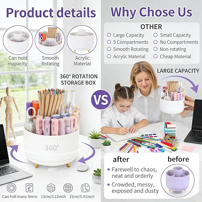 Camelmother Pen Holder For Desk With 5 Slots 360°Rotating Pencil Holder Makeup Organiezr Teacher Supplies Office decor (white)