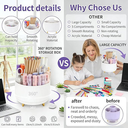 Camelmother Pen Holder For Desk With 5 Slots 360°Rotating Pencil Holder Makeup Organiezr Teacher Supplies Office decor (white)