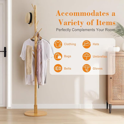 VECELO Coat Rack Freestanding, Entryway Hanger Stand, Umbrella Holder, Hall Tree With Hooks, Floor Standing Tree Stand,Light Wood