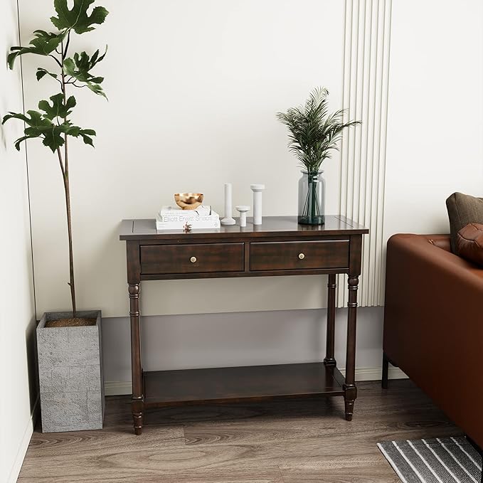 Solid Wood Console Table with 2 Drawers, 2-Tier 35.4" X 30" Accent Sofa Table with Multilayer Storage Shelf Rustic Hall Entryway Tables for Living Room Home Office-Walnut 004DC