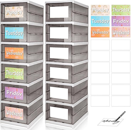 6 Shelf Weekly Clothes Organizer for Kids, Foldable Days of the Week Clothes Organizer with 18 Labels, Monday Through Weekend Essential Stuff Shoe Organizer, Kid Habit & Creativity Training
