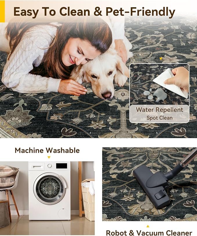RELEANY Area Rugs Round 5ft Washable Non-Slip, Floral Vintage Distress Medallion Carpet for Living Room Bedroom Dining Room, Vintage Black Brown Neutral