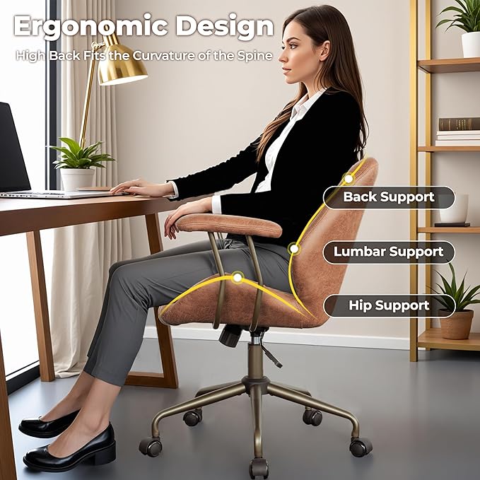 ovios Home Office Chair, Mid-Century Modern Faux Suede Leather Ergonomic Chairs, Mid Back Comfy Computer Swivel Rolling Task Executive Armchair, Brown