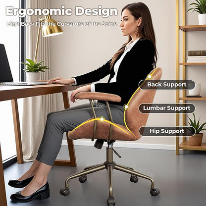 ovios Home Office Chair, Mid-Century Modern Faux Suede Leather Ergonomic Chairs, Mid Back Comfy Computer Swivel Rolling Task Executive Armchair, Brown