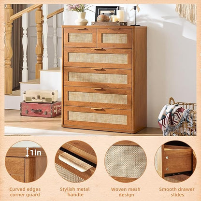 LEYAOYAO Rattan Dresser for Bedroom, 41" Tall Chest of Drawers, Modern 6 Drawers Boho Dressers with Storage, Vintage Brown Dresser Wooden Closet Organizer for Living Room, Hallway