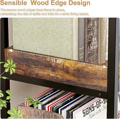KOUSEI Bookshelf 5-Tier, L-Shaped Reversible Corner Bookshelf, 65" Industrial Wide Open Bookcase with Metal Frame and 4 Hooks for Living Room, Bedroom, Home Office, Rustic Brown