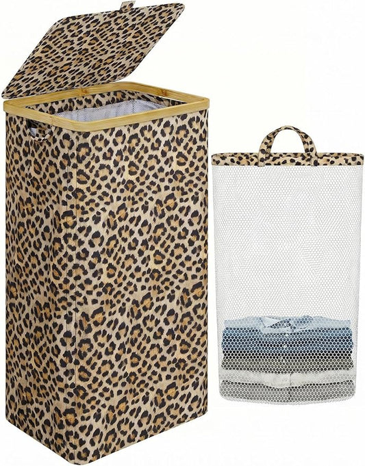 iEGrow Laundry Hamper with Lid, 110L Large Laundry Basket with Handle, Collapsible Clothes Basket Organizer with Removable Inner Bag for Clothes Towels - Leopard print