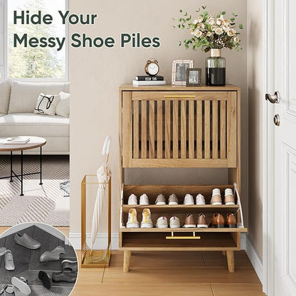 Shoe Cabinet with 2 Flip Slatted Drawers, Farmhouse Slim Shoe Organizer Rack with Golden Handles, Freestanding Hidden Entryway Storage for Hallway, Natural Oak