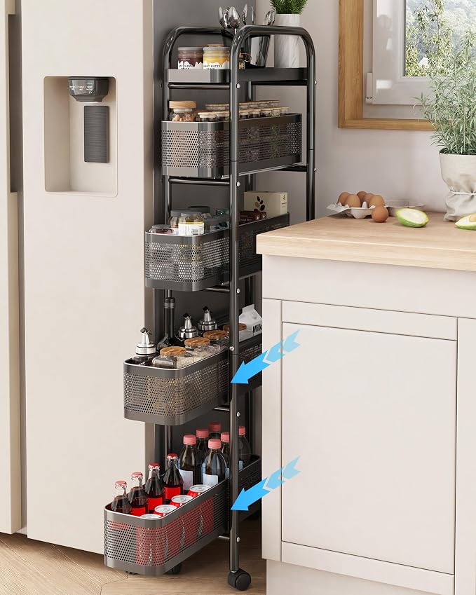 UMDONX Slim Storage Cart 5 Tier with Pull Out Basket Bathroom Organizer Rolling cart, Rolling Utility Cart Slide Out Organizer for Kitchen, Bathroom, Laundry Black