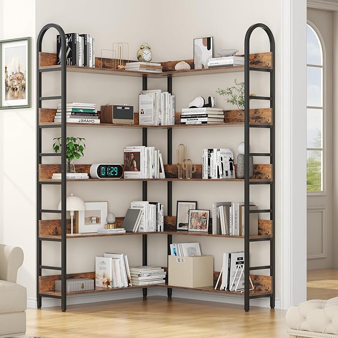 Nosepen L Shaped Corner Bookcase and Bookshelves, 5-Tier Tall Open Shelf Etagere Bookcase, Wood and Metal Large Library Industrial Bookcases Display Rack for Living Room Home Office,Black+Brown