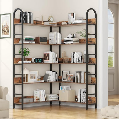 Nosepen L Shaped Corner Bookcase and Bookshelves, 5-Tier Tall Open Shelf Etagere Bookcase, Wood and Metal Large Library Industrial Bookcases Display Rack for Living Room Home Office,Black+Brown