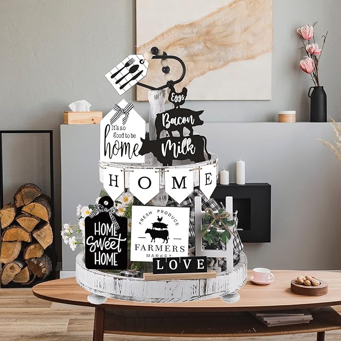 Set of 11 Home Tiered Tray Decor Spring Welcome Rustic Farmhouse Tiered Tray Decorations Set Home Wooden Signs Vintage Farm Animal Farmhouse Tabletop Wood Sign for Kitchen Table Shelf Decor