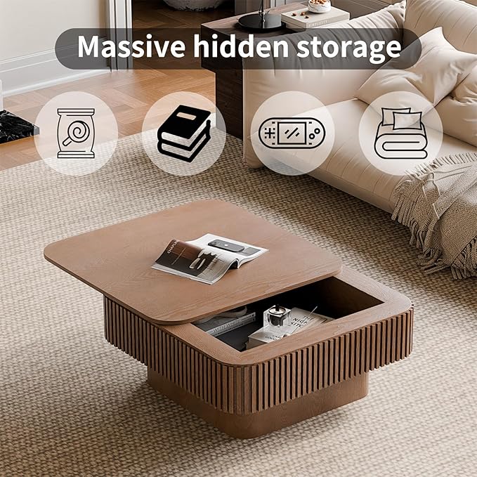 Square Coffee Table for Living Room,Fluted Drum Accent Tea Center Table with Storage,Solid Wood Modern Coffee Tables for Small Space Office Apartment (31.5" L×31.5''W×14''H-Walnut)