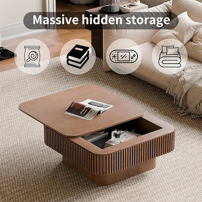 Square Coffee Table for Living Room,Fluted Drum Accent Tea Center Table with Storage,Solid Wood Modern Coffee Tables for Small Space Office Apartment (31.5" L×31.5''W×14''H-Walnut)